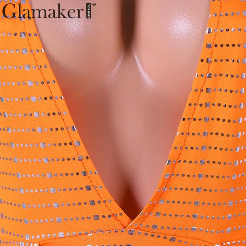 Glamaker Sequin сексуальное асимметричное облегающее платье с v-образным вырезом женское летнее короткое платье с высоким разрезом женское блестящее вечернее платье