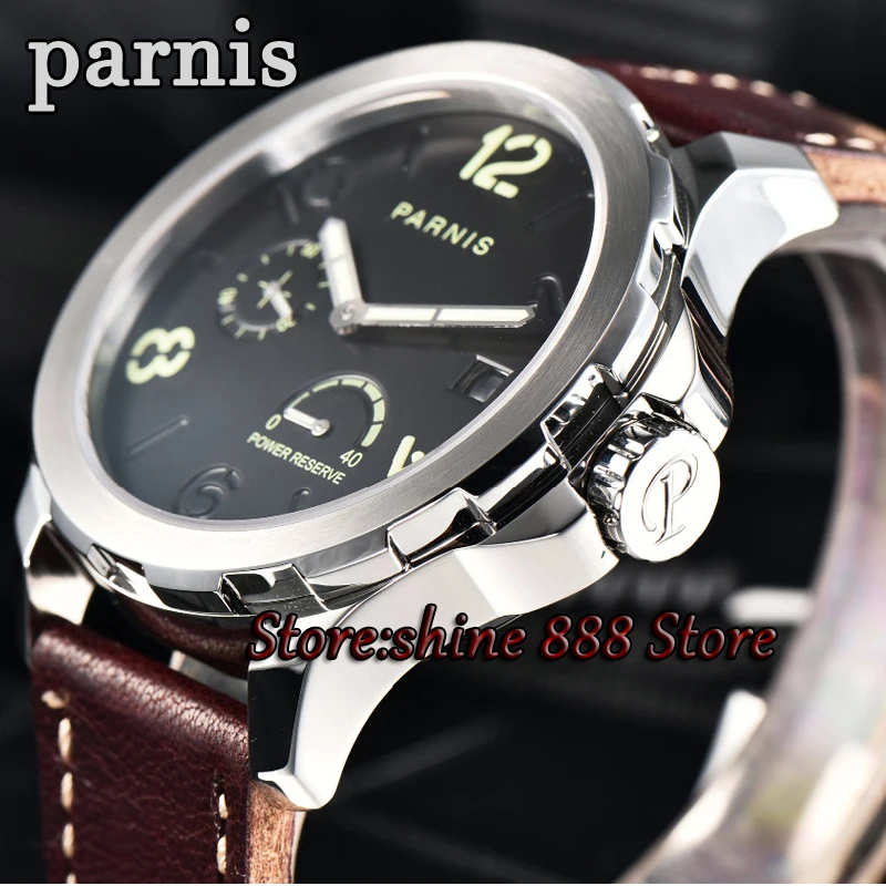 Мужские механические часы Parnis 44 мм запасная мощность стальной серебристый чехол