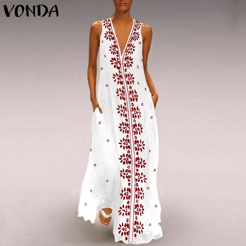 VONDA, женское платье с цветочным принтом,, винтажное, сексуальное, v-образный вырез, без рукавов, макси, длинное, вечерние, Vestido, повседневное, летнее, Пляжное, белое, 5XL