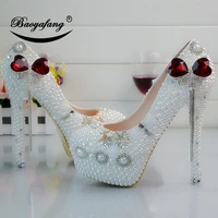 2019 new arrival womens wedding shoes white pearl bridal party dress shoes butterfly knot woman high heels platform shoe