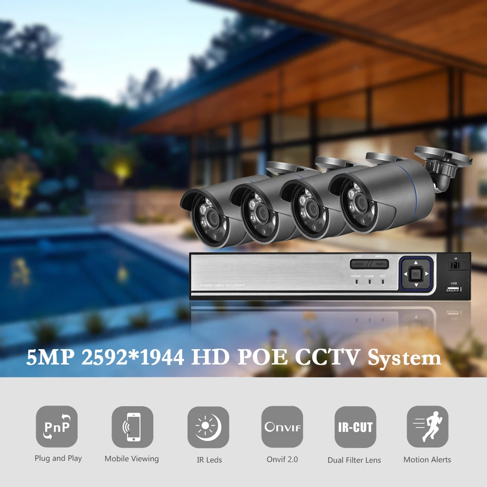 AZISHN H.265 5MP POE NVR CCTV система безопасности 5.0MP аудио запись IP камера Металл 6IR P2P Onvif комплект наружного видеонаблюдения