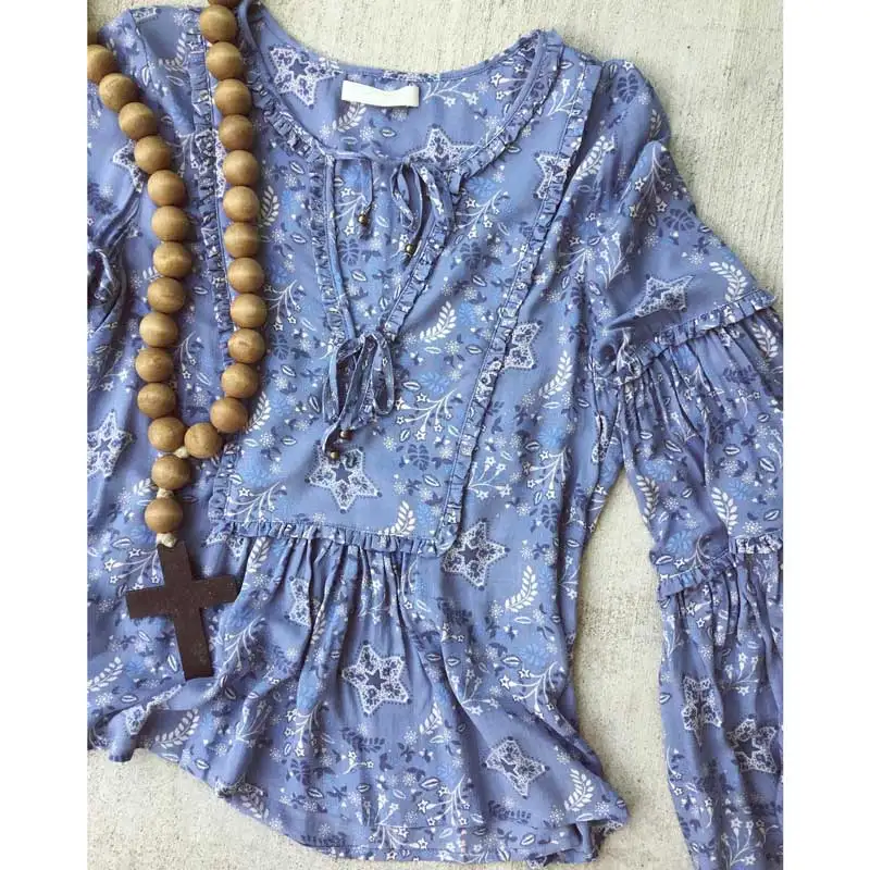 Бохо стиле район женская рубашка с длинным рукав фонарик v-образным вырезом