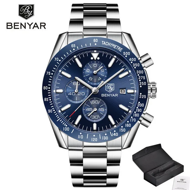 S-silver blue Новинка, мужские часы BENYAR, деловые, полностью стальные, кварцевые, Топ бренд, Роскошные, повседневные, водонепроницаемые, спортивные, мужские наручные часы, Relogio Masculino - Цвет: S-silver blue