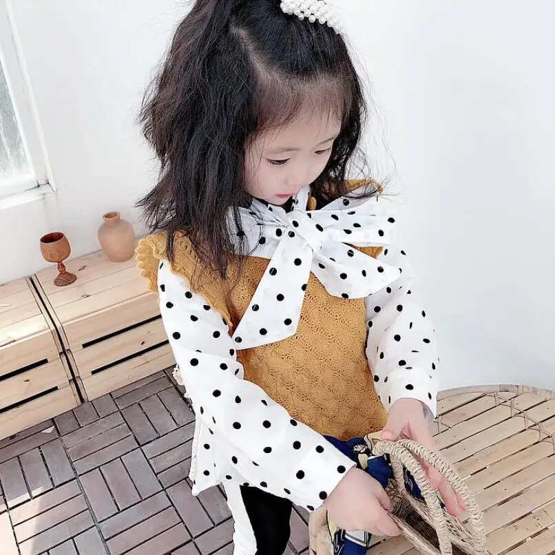 2019 детская хлопковая рубашка в горошек с длинным рукавом белая блузка для