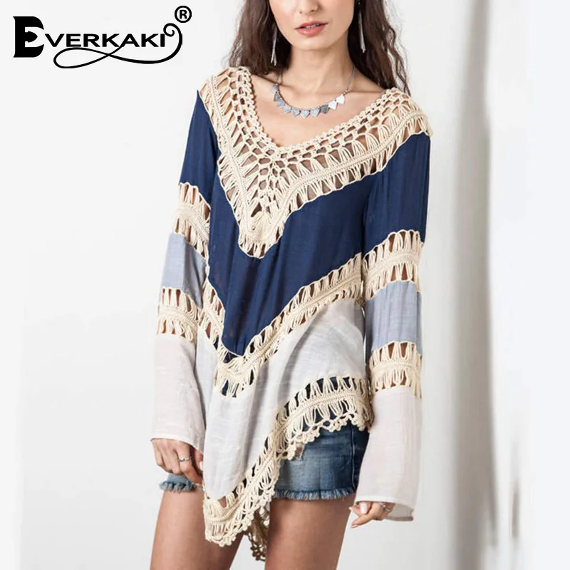 Everkaki Boho открытые лоскутные блузки женские рубашки размера плюс свободные