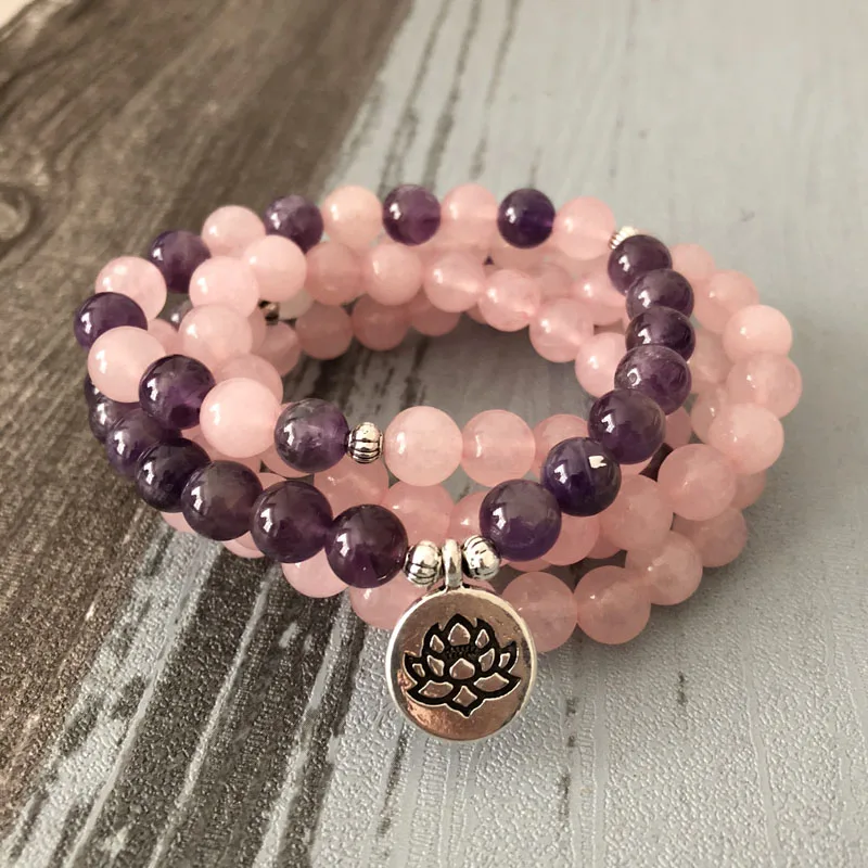 Женский браслет с розовым кварцем и аметистом розовый бусинами 108|bracelets for|pink