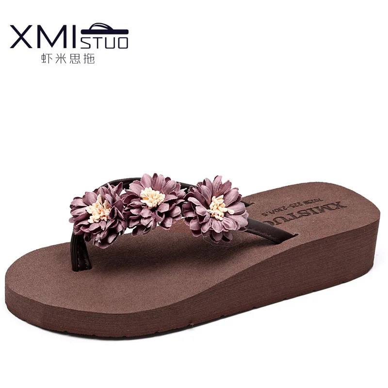 brown 3.5cm Chanclas de mujer/шлепанцы на платформе с цветами; женская летняя пляжная обувь; женские шлепанцы на танкетке и высоком каблуке; женские вьетнамки - Цвет: brown 3.5cm