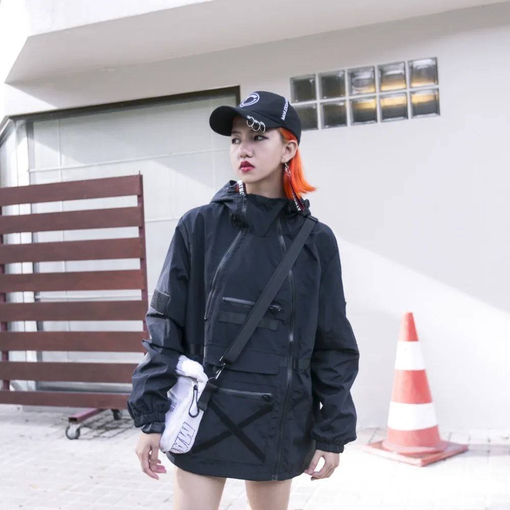 Patchwork zipper placketing ribbon pocket with a hood loose bf trench outerwear street | Женская одежда