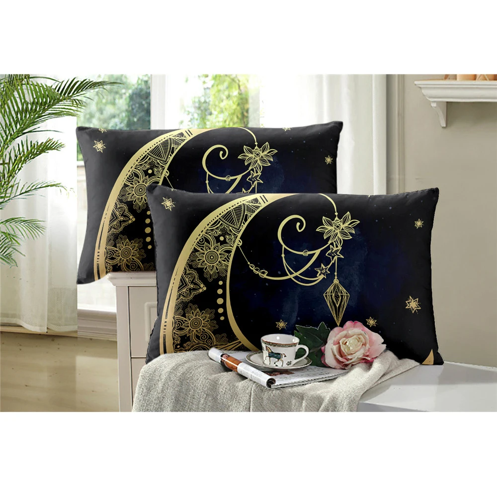 

Bohemia Black Bedding Set Golden Elephant Moon Mandala Duvet Cover Set India Style Bedding Pillowcase Home Decor D49