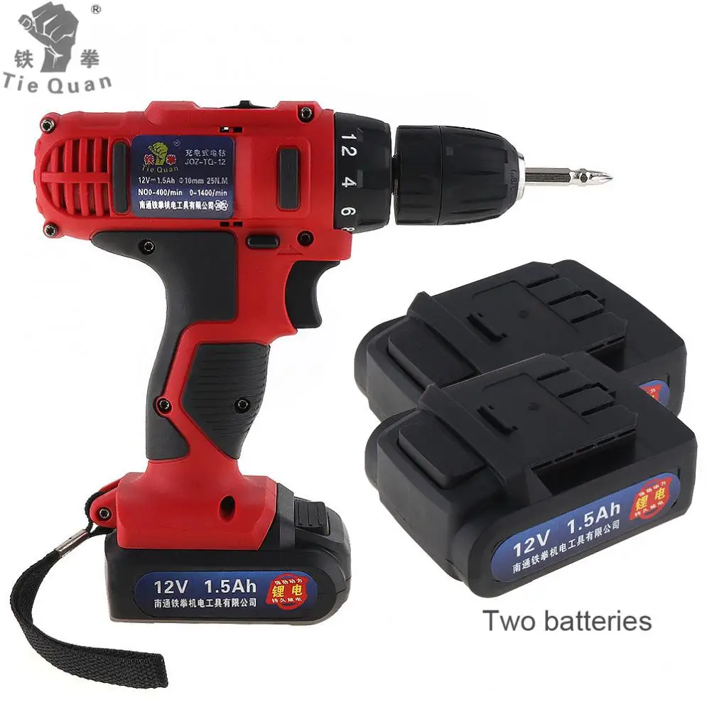 AC 100-240 V Беспроводная 12V электрическая дрель/шуруповерт с 2 литиевыми батареями и двухскоростной регулировкой для винтов/штамповки