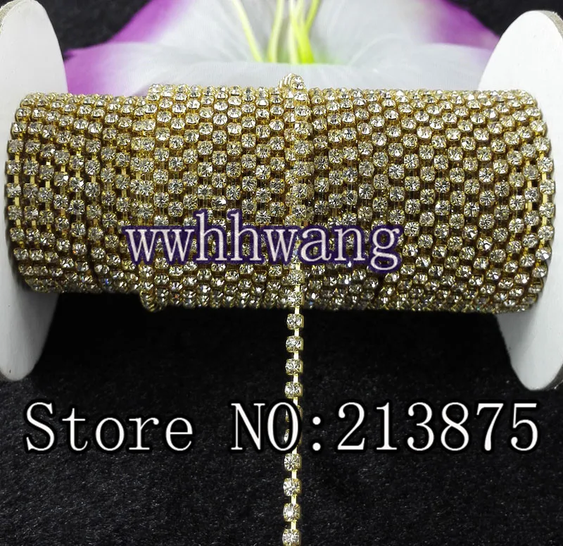 

Free shipping SS6(2mm) 10Yards Clear AAA crystal rhinestone close Gold chain trims Wedding dresses Garment accessories