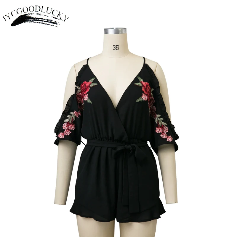 Женский комбинезон с вышивкой и шортами летний открытыми плечами Комбинезоны на