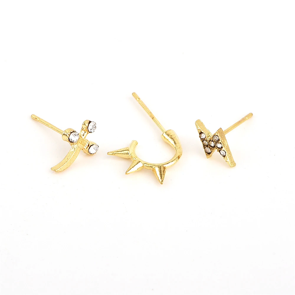 3 Pcs/Set Punk Personality Ladies Charm Lightning Cross Crystal Rhinestone Gold Earrings Wedding Party Jewelry Accessories | Украшения и