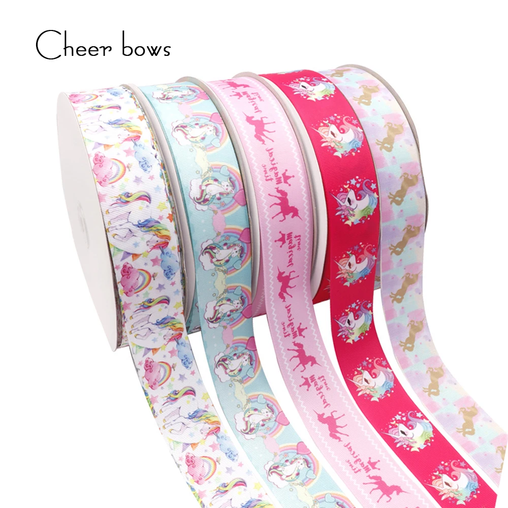 Cheer лук Grosgrain лента 38 мм мультяшный Радужный Единорог печатная лента DIY аксессуары для волос подарочная упаковка вечерние украшения 5 ярдов