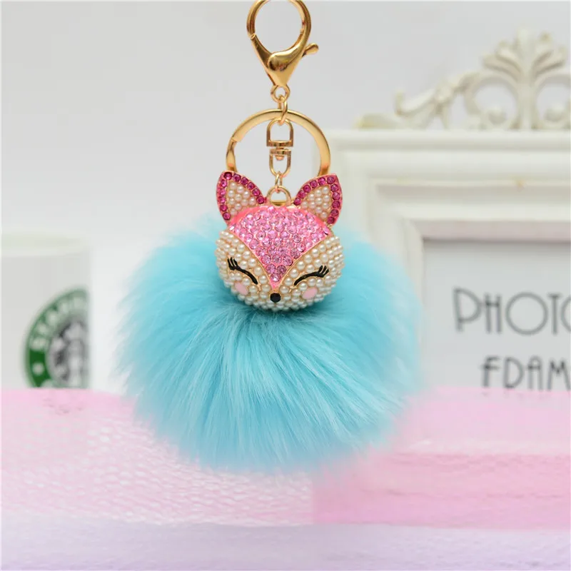 light blue Felyskep, модные стразы, натуральный Лисий мех, помпон, мяч, брелок с сплавом, крутой мешок, подарки, брелок для женщин 017WA - Цвет: light blue