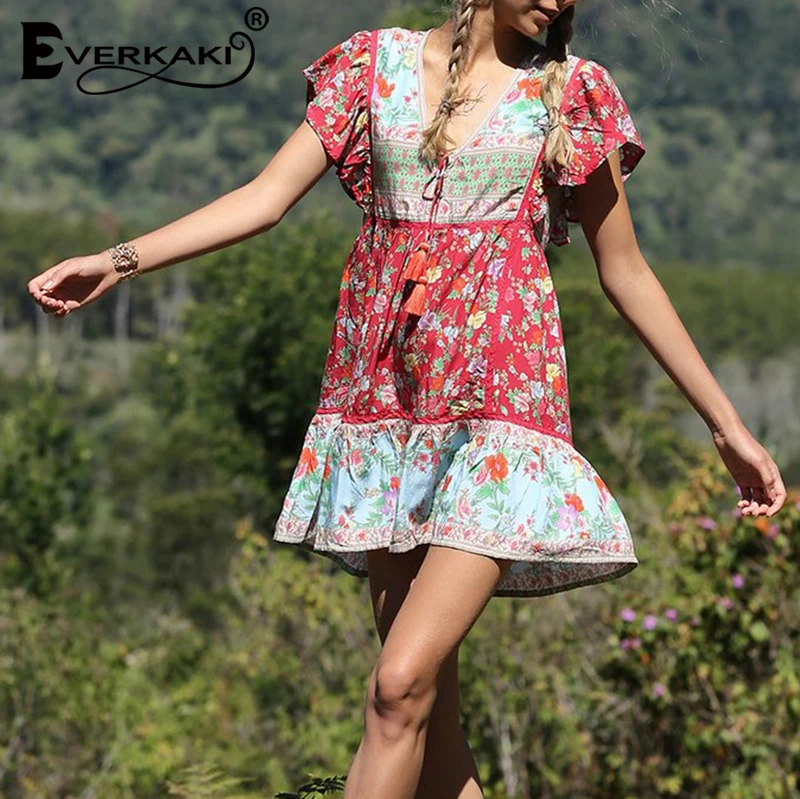 Фото Everkaki Boho мини-платье с принтом женское платье кисточками на шнуровке v-образный Everkaki Boho мини-платье с принтом женское платье кисточками на шнуровке v-образный