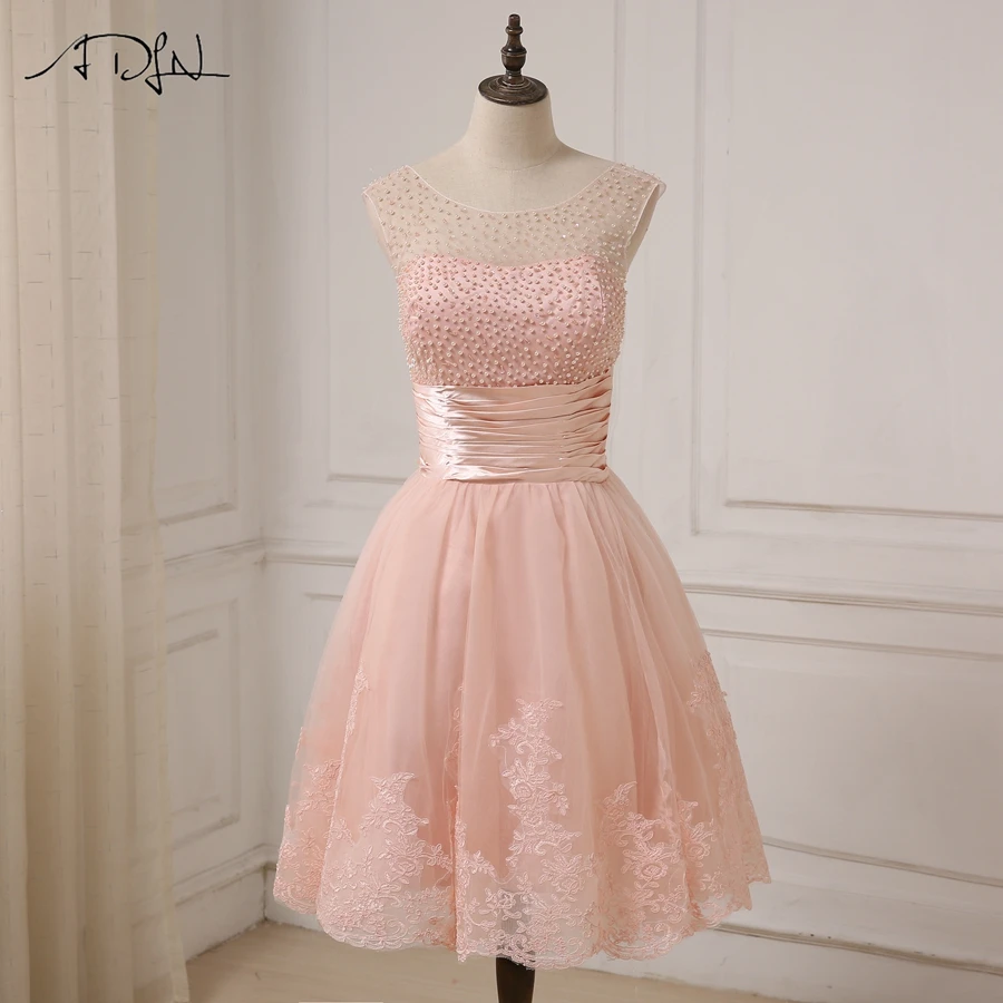 ADLN Cheap Pink Cocktail Dresses Cap Sleeve Applique Pearls Girls Short Party Gowns Zipper Up Back Customized Deisgner|short party gowns|pink