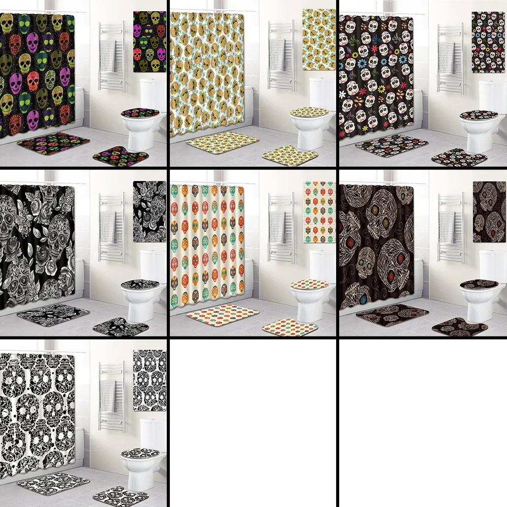 

5Pcs/Set 3D Skull Shower Curtain Bath Rug Set Toilet Cover Bath Mat Set Bathroom Accessories Curtains With Hooks