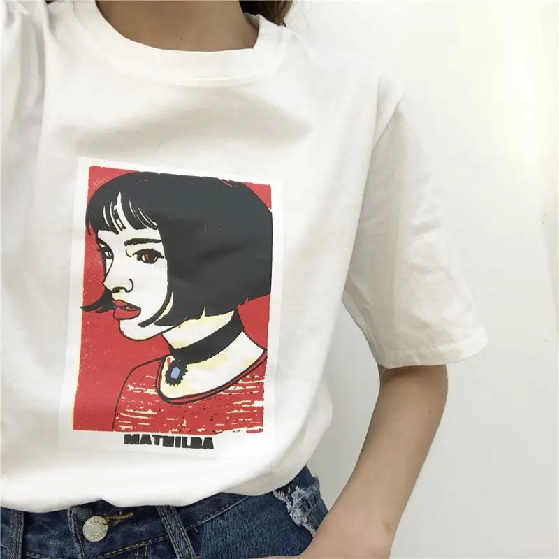 Kawii милый Mathilda Leon Профессиональный Весна и Лето Южная Корея ulzzang Harajuku стиль голова портрет свободная футболка femal