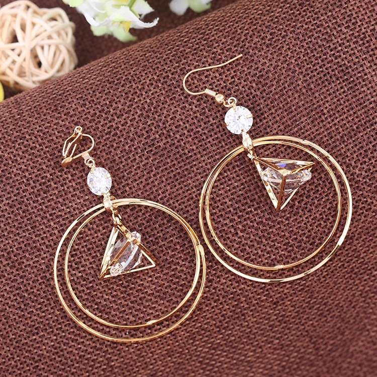 

Top Quality CZ Crystal Large Double Circle Geometric Shape Clip on Earring Non Piercing for Women Statement Pierced Earrings New