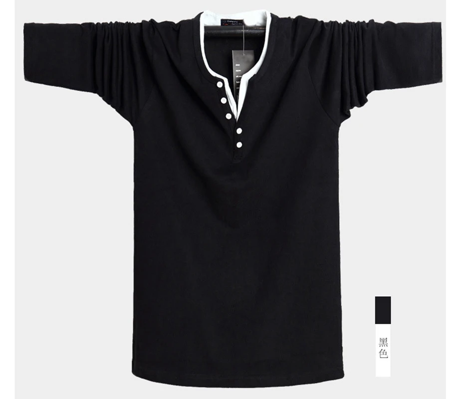 BLACK men t-shirt 8XL long sleeve large size big autumn winter underwear t shirts cotton 6XL 7XL navy blue t-shirts v-neck black 130KG - Цвет: BLACK
