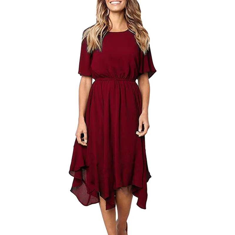2019 модное весенне-летнее однотонное женское платье с круглым вырезом до середины