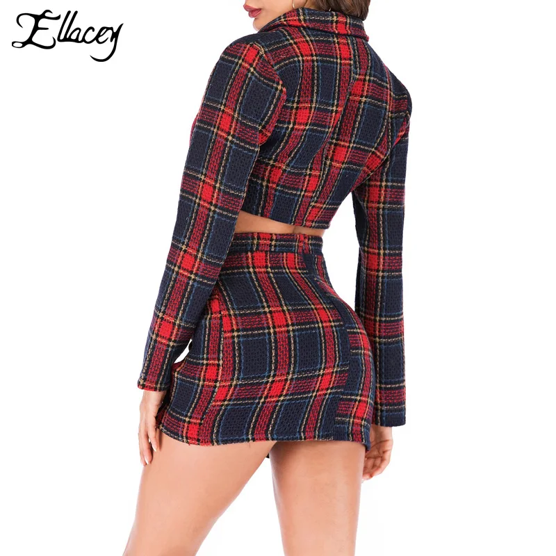 Женский клетчатый костюм Ellacey Красный Клетчатый с юбкой короткий топ Блейзер