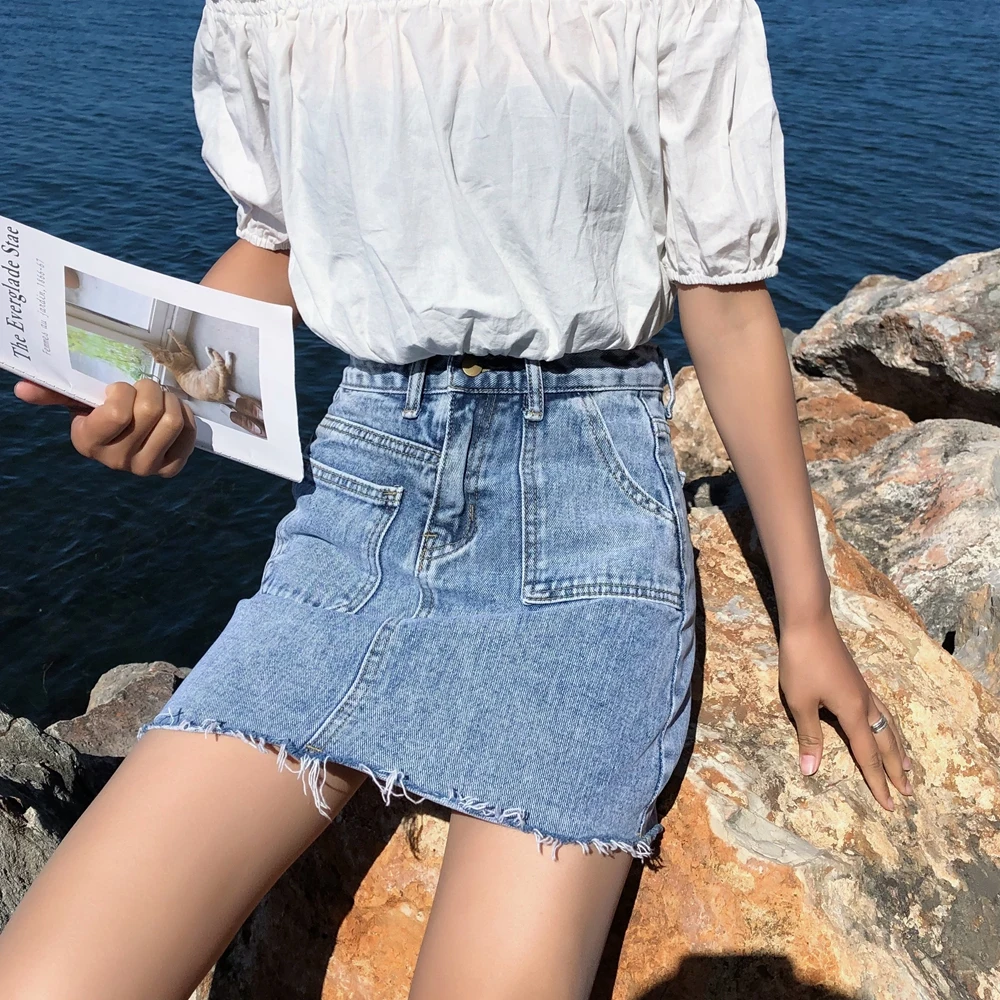 Blue Pockets Casual Mini Denim Skirt Spring Summer New Bodycon Women Skirt Basic Women Jeans Skirt High Waist Saias