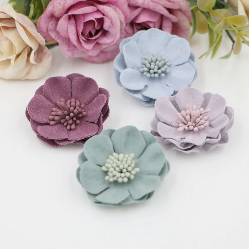 

Wholesale Trendy Stamens Core decoration Colorful Suede Camellia Flowers Shape Handmade Microfiber Florals Diy jewelry making