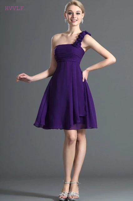 

Purple Cheap Bridesmaid Dresses Under 50 A-line One-shoulder Chiffon Flowers Backless Short Wedding Party Dresses