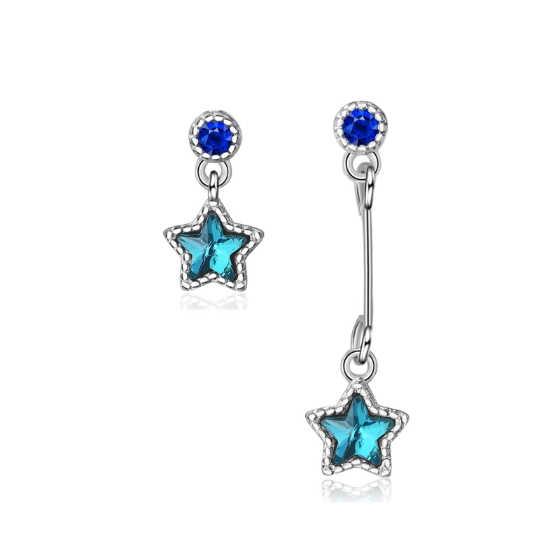 

KOFSAC New Trendy 925 Silver Stud Earrings For Women Temperament Asymmetry Crystal Blue Star Earring Jewelry Girl Birthday Gifts