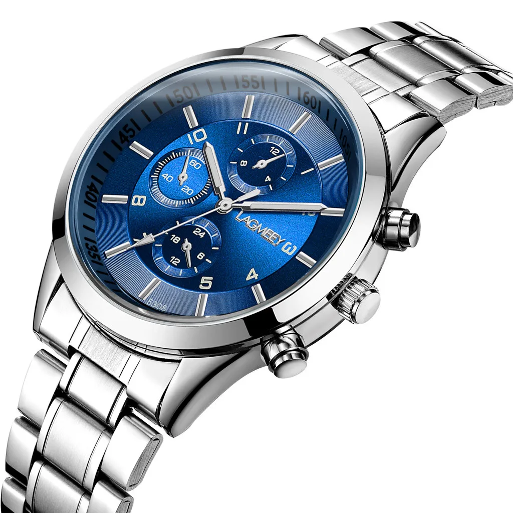 Мужские часы с тремя циферблатами и ремешком из нержавеющей стали светящиеся