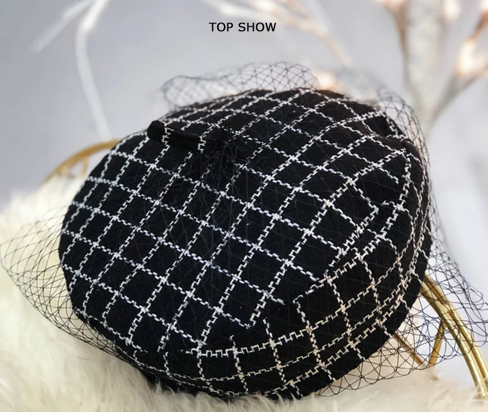 JOEJERRY Wool Beret Female French Hat Tweed Beret Plaid Hat with Veil For Wedding Party