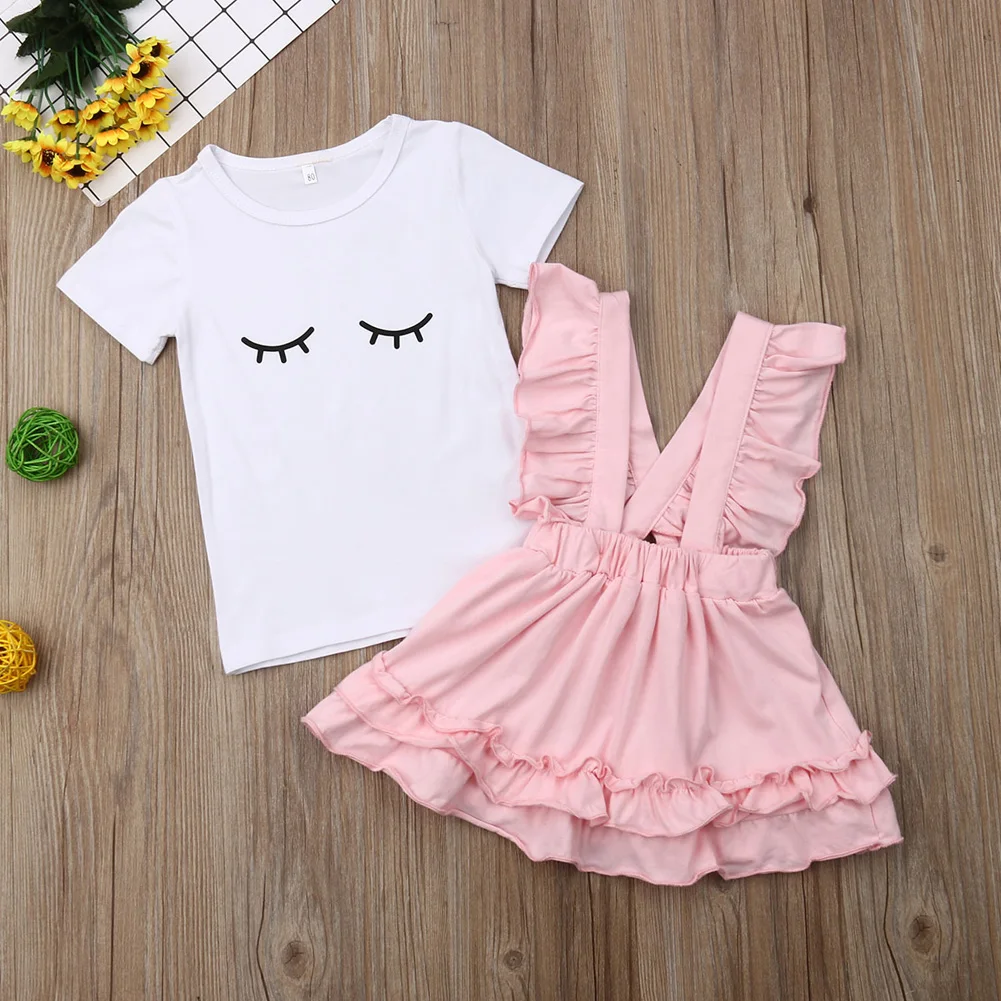 Cute Infant Baby Toddler Girl Clothes Sets Eyelash T-shirt Suspender Pink Dress Outfit |