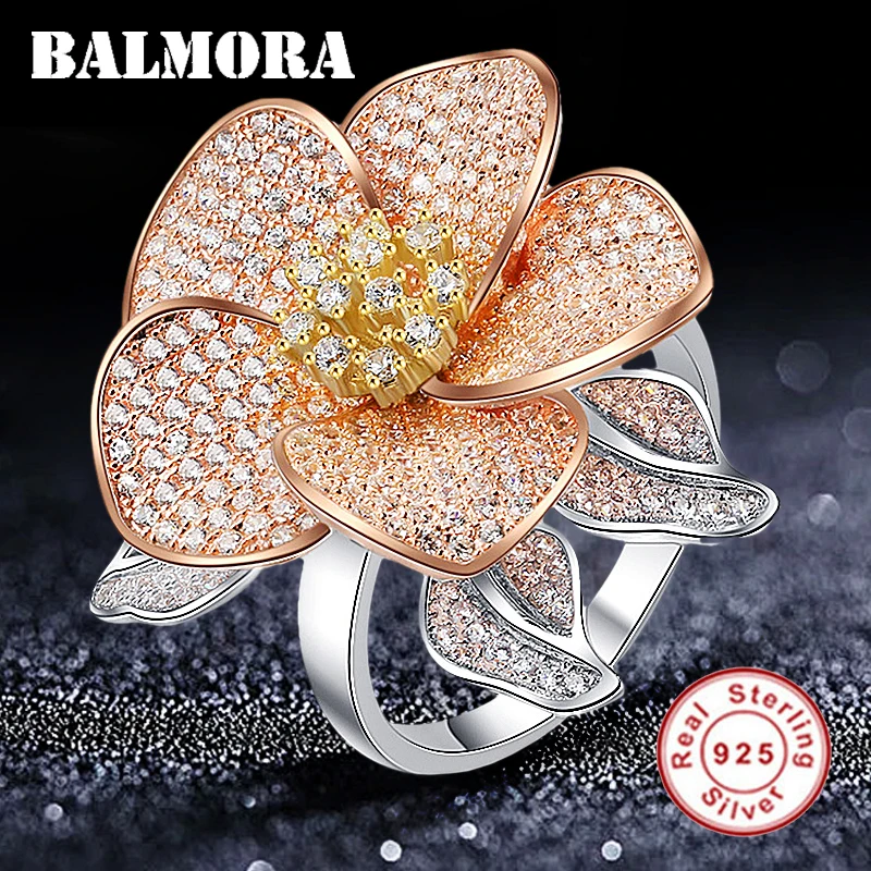 BALMORA, Настоящее 925 пробы, серебряные циркониевые цветочные кольца для женщин, подарок для девушек, модные роскошные ювелирные изделия Anillos JWSR2419
