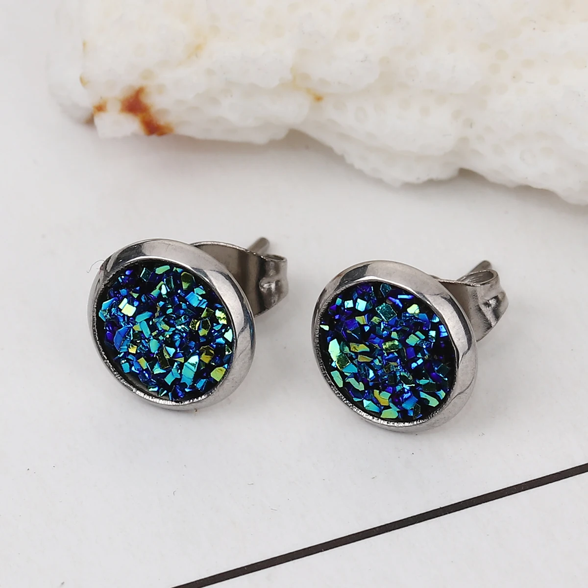 Нержавеющая сталь Druzy/Drusy серьги гвоздики серебряный цвет фуксия круглый AB Цвет 10