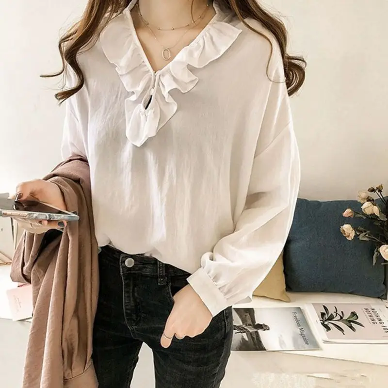 

Women Korean Shirt Casual V-Neck Loose Long Sleeve Shirt Ruffles Wild Bottoming Shirt Tops Plus size M-4XL