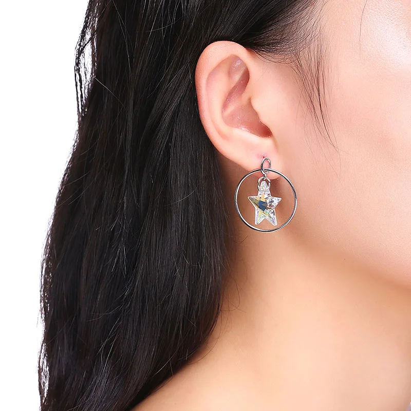 Женские серьги подвески с полым кольцом и кристаллом Swarovski из стерлингового