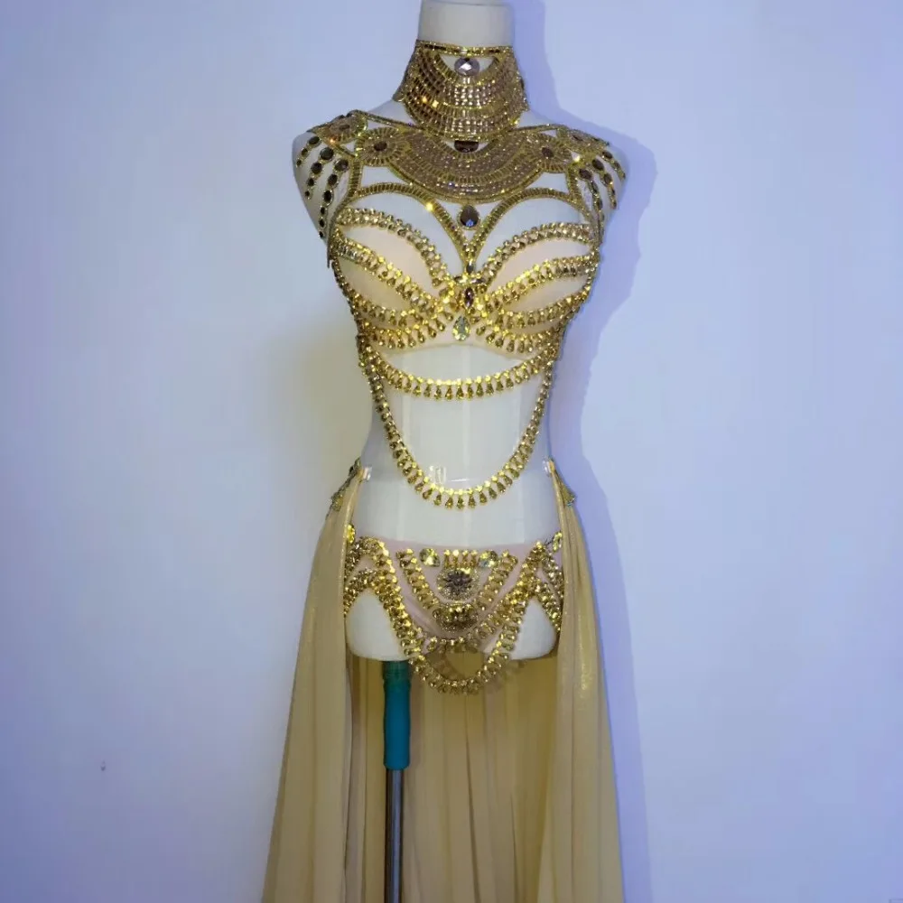 Stage wear Prom Sexy Sequin Gold Rhinestone Outfit Bra Short Skirt Crystal Design Party Dress Dj Female Singer Nightclub Costume |