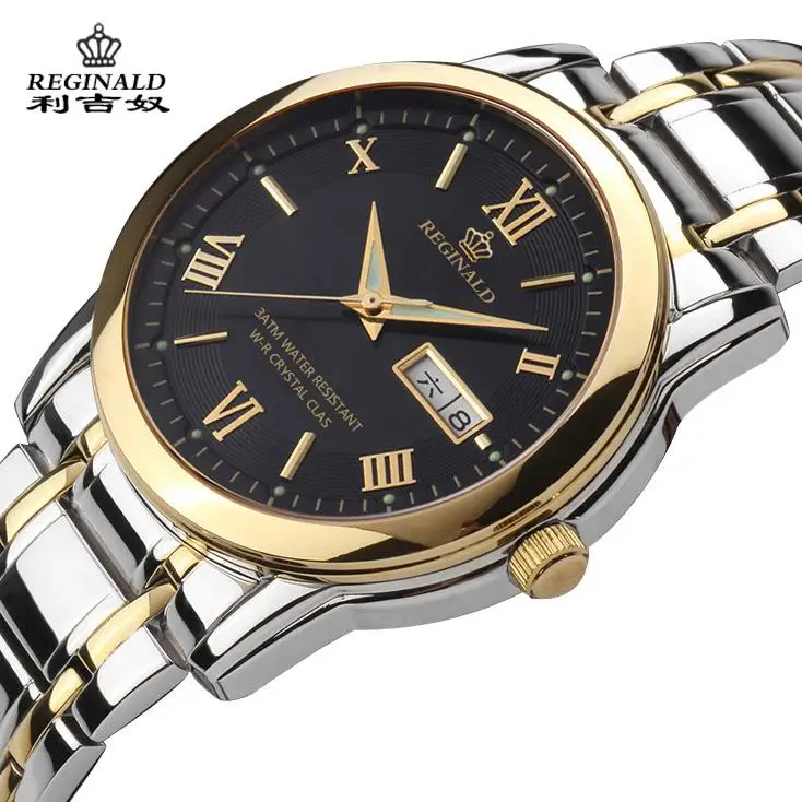 

HK Reginald Top Brand Light Men Watch Quartz Double Calendar Date Luminous Waterproof 5ATM Military Diving Watches Full Steel