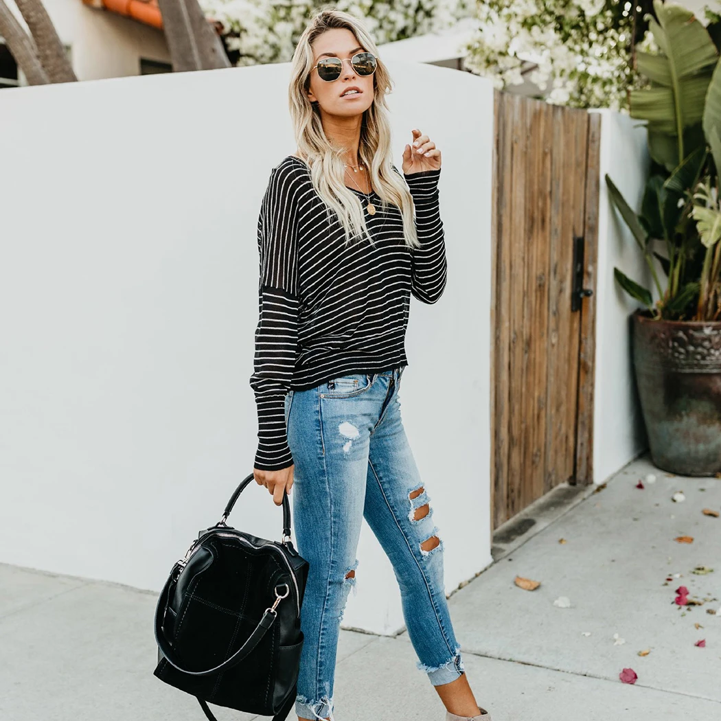 Для женщин Повседневное футболка в полоску для девочек осень рубашка Длинные