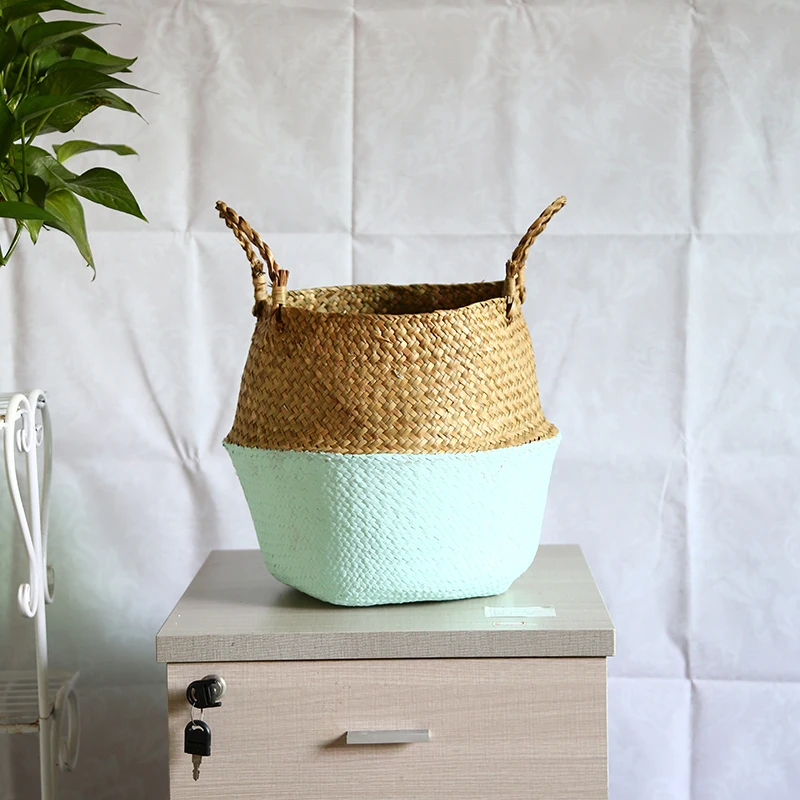 WHISM Seagrass Wickerwork Flower Basket Decorative Flower Pot Planter Hanging Flowerpots Woven Laundry Storage Basket Home Decor