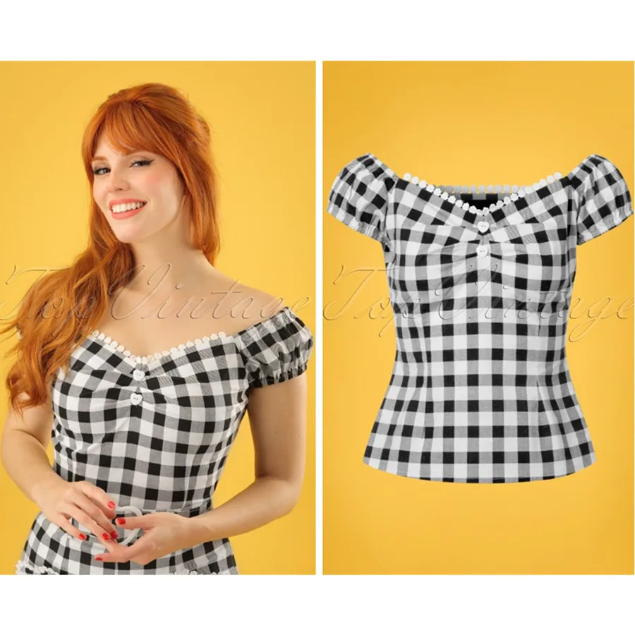 40 summer woemn vintge 50s gingham dolores Топ Кармен в черно белых рубашках футболка размера плюс