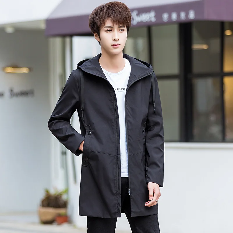 Men's Jacket 2019 Spring and Autumn Slim Hooded Long Windbreaker Trend Solid Color Large Size Mens Tops