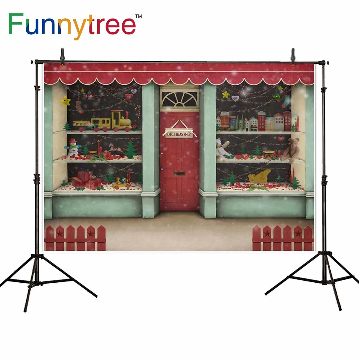 Фон Funnytree для фотостудии Рождественский магазин мультфильм дверь окно игрушки