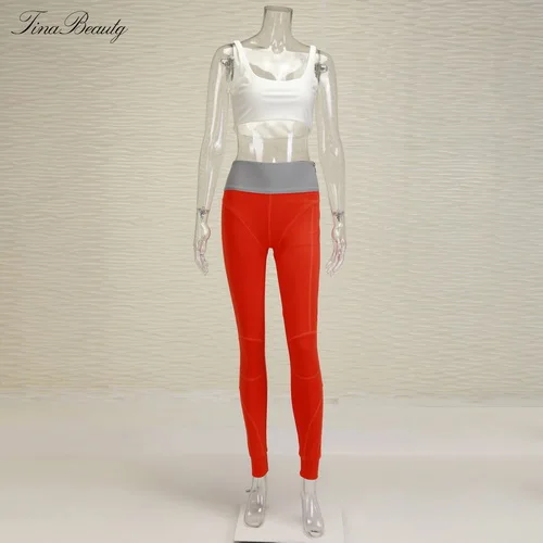 Red Tina beauty Kylie дизайнерский Gymwear комплект из 2 предметов с квадратным вырезом Бюстье и растягивающиеся длинные брюки с хеш-линией - Цвет: Red