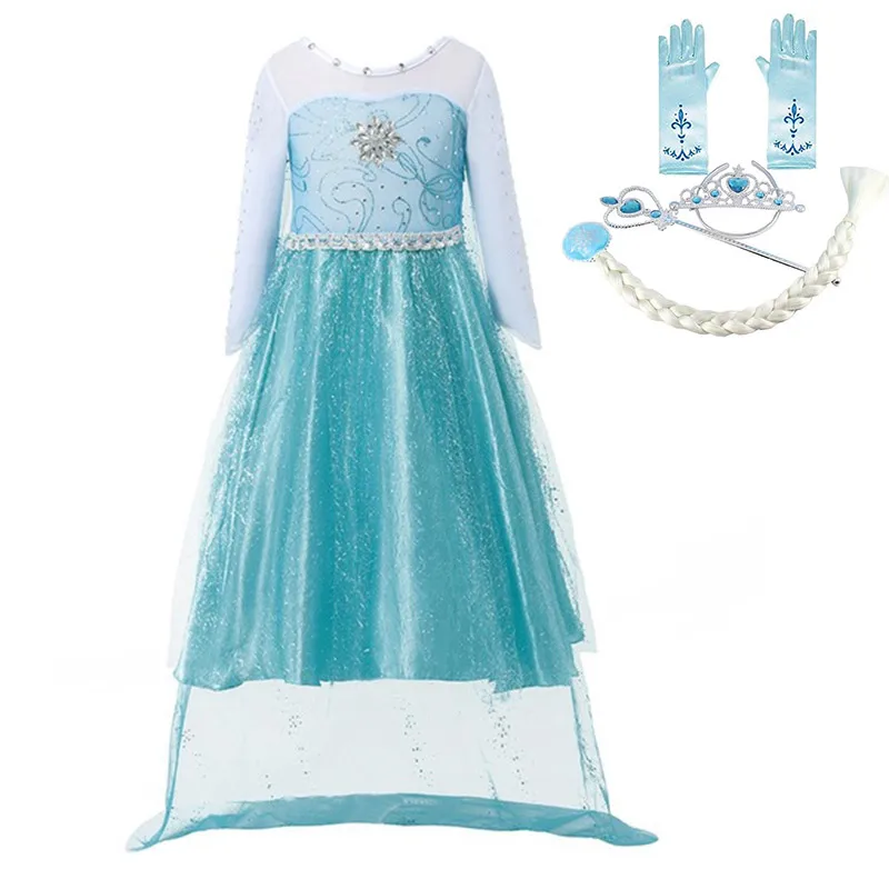 Elsa Dress Set-B Длинное платье Эльзы для детей с накидкой со снежинками; праздничная одежда принцессы Эльзы с длинными рукавами и блестками; нарядная одежда для девочек на день рождения и карнавал - Цвет: Elsa Dress Set-B