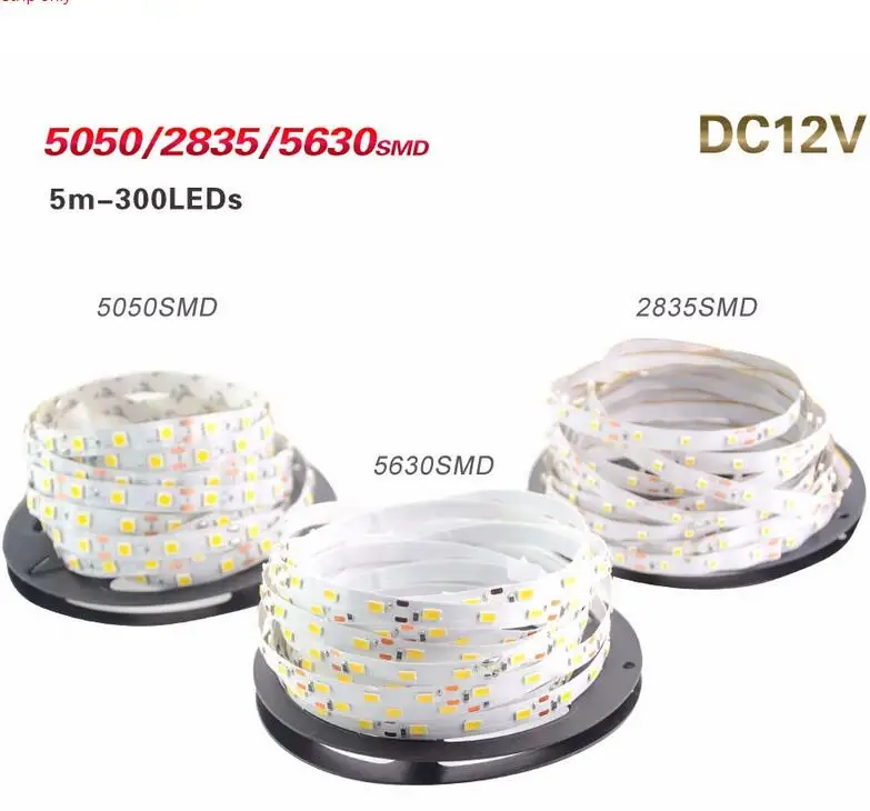 

High brightness led strip SMD 5050 2835 5630 DC12v flexible led strips lights non waterproof 60LED/meter 300LED 5meter/roll IP20