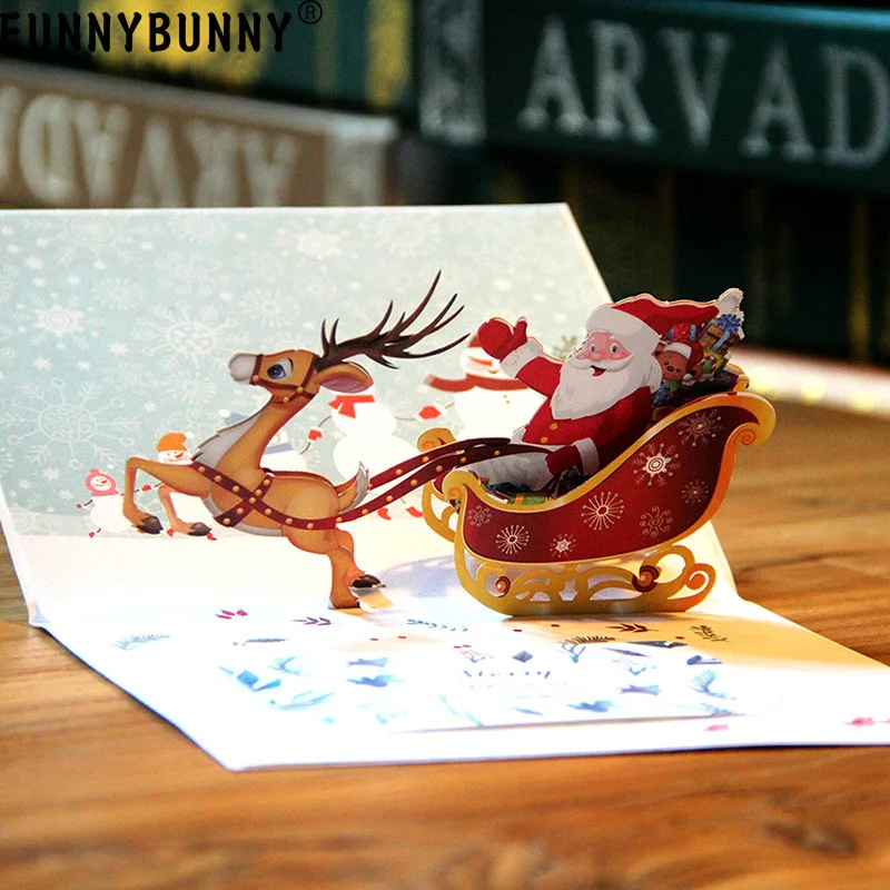 FUNNYBUNNY 3D Pop Up Санта Клаус Олень сани Новогодняя поздравительная открытка