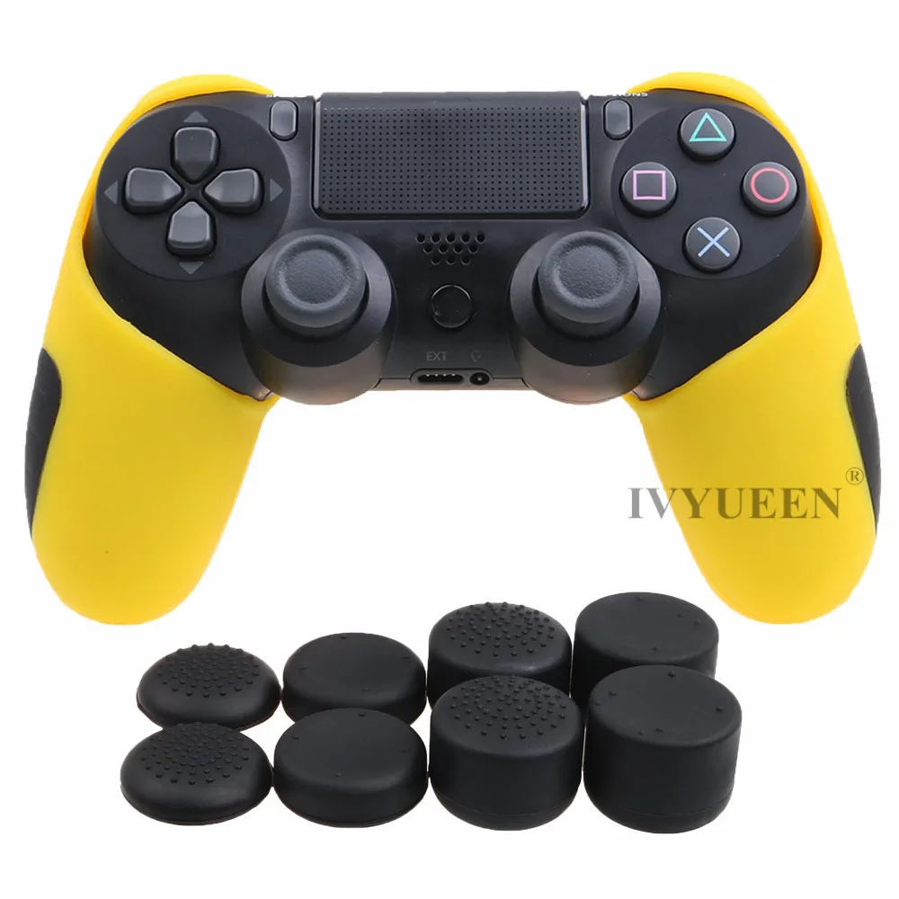 Цвет: желтый IVYUEEN Толстая Половина кожи для playstation Dualshock 4 PS4 Pro тонкий контроллер силиконовый чехол с 8 колпачками - Цвет: Цвет: желтый